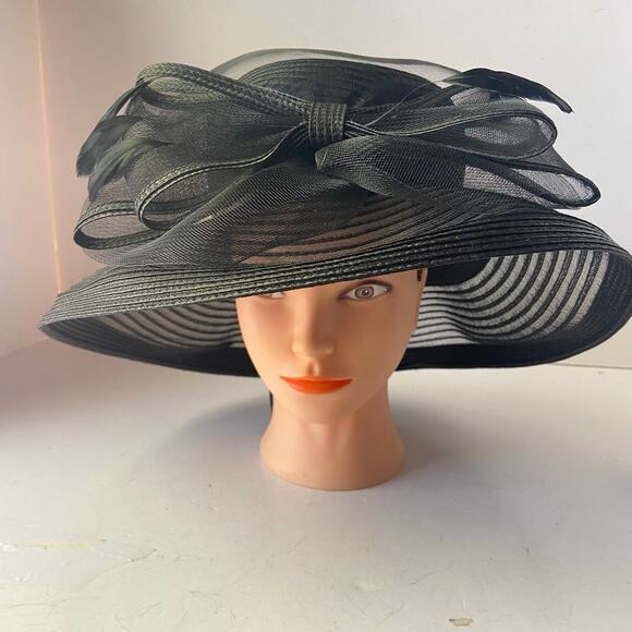 Autumn Hat Ladies Church Sun Funeral Wide Brim Feathers Mesh  Straw Adjustable - Picture 1 of 7